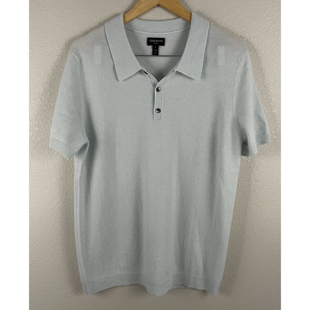 Club Room Mens M 100% Cashmere Sweater Polo Shirt Preppy Light Baby Blue